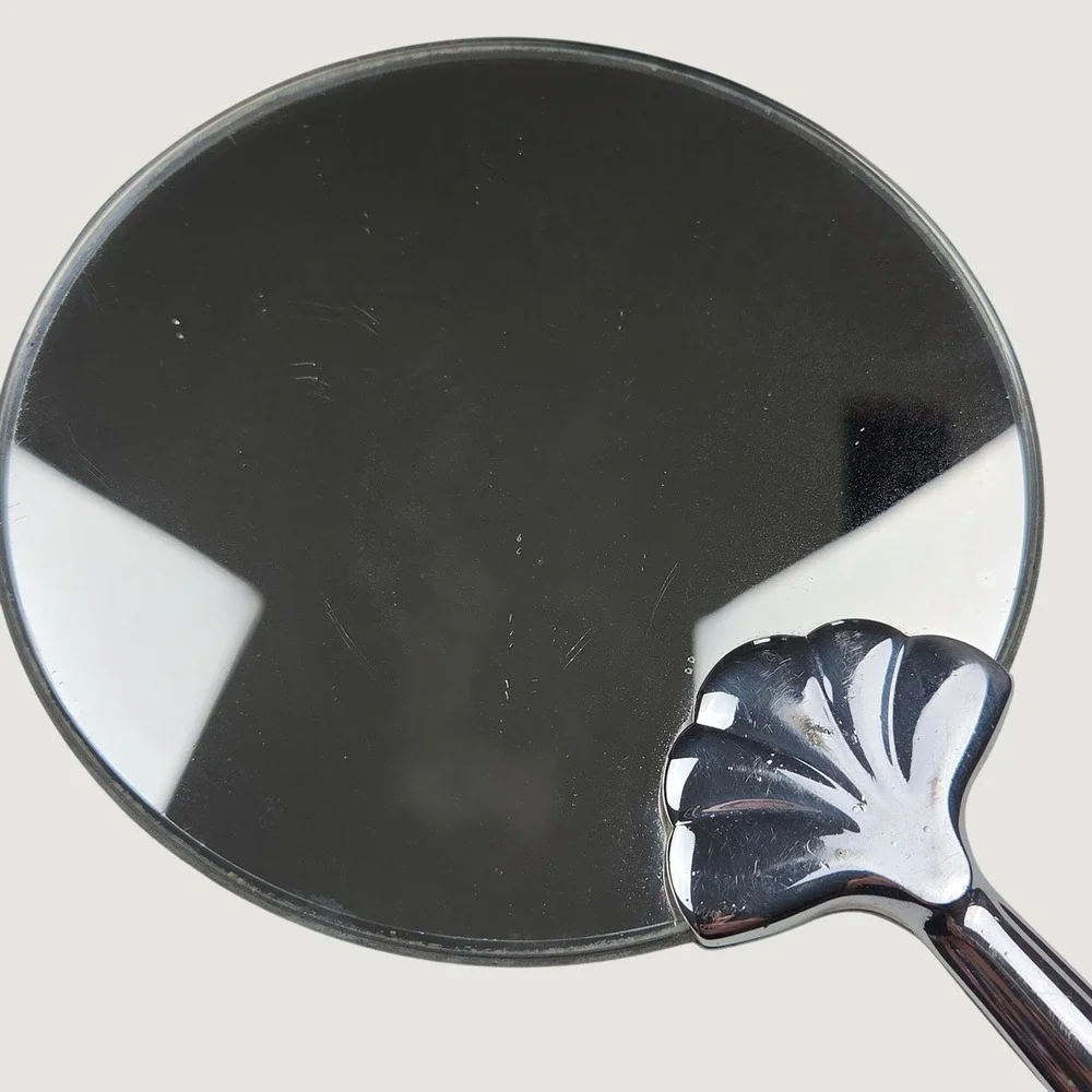 Vintage Hand Mirror 80s 70s Art Deco Chrome Plate Silver Tone Shell Handle